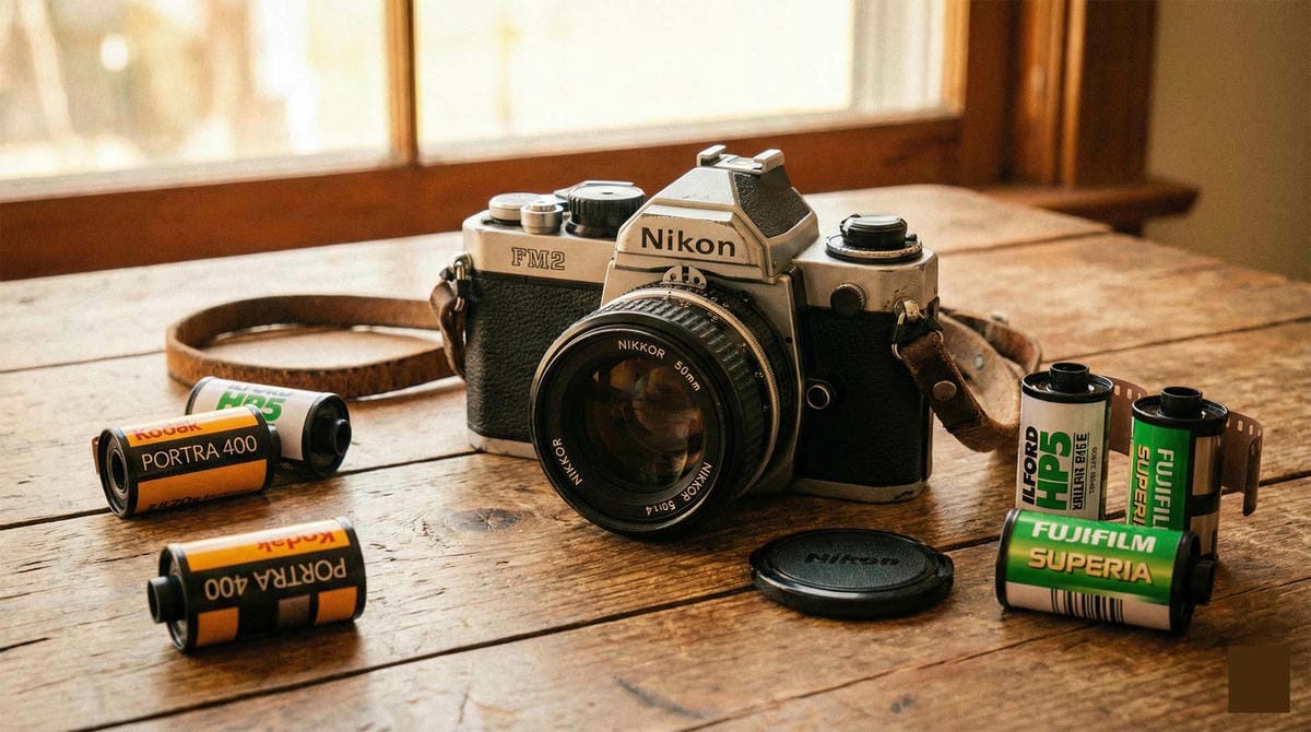 經典的 Nikon FM2 底片相機放置在木質桌面上，旁邊散落著底片卷，充滿懷舊氛圍 / Vintage vibe photo of a classic Nikon FM2 film camera resting on a wooden table, film rolls scattered around, nostalgic mood.